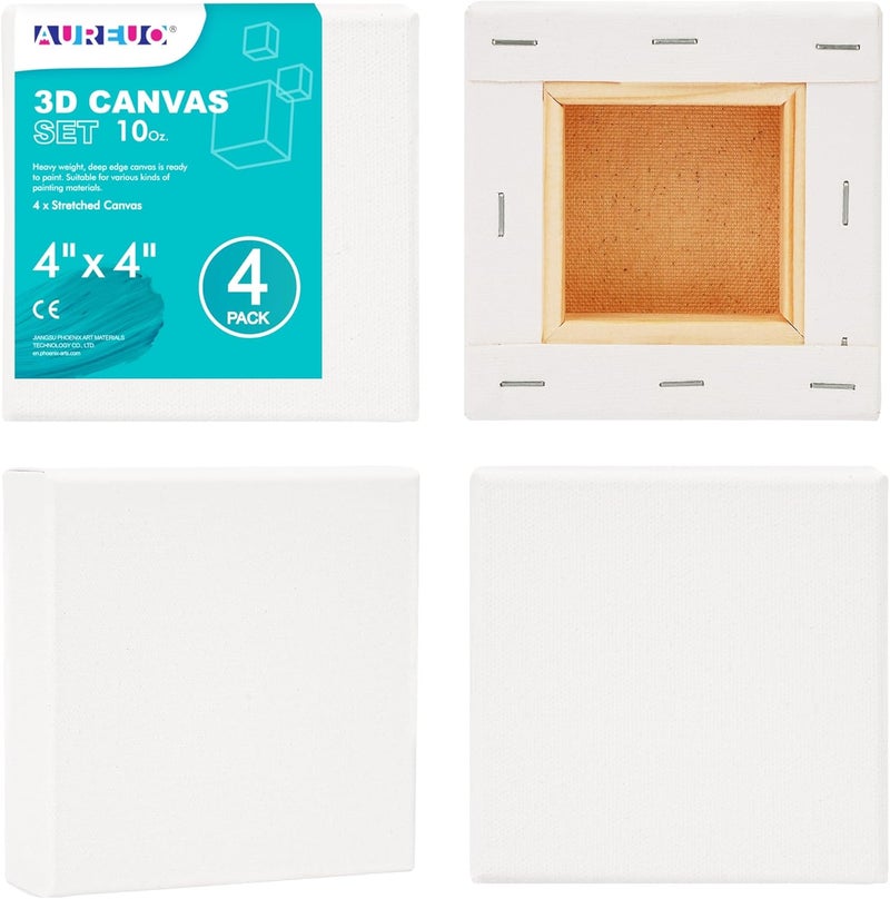 AUREUO 4x4 Inch Gallery Wrapped Canvas - 1.5 Inch Depth 4 Pack - 10 Oz Triple Gesso Primed 100% Cotton Square White Artist Canvases for Acrylic & Oil Paints - Image 1